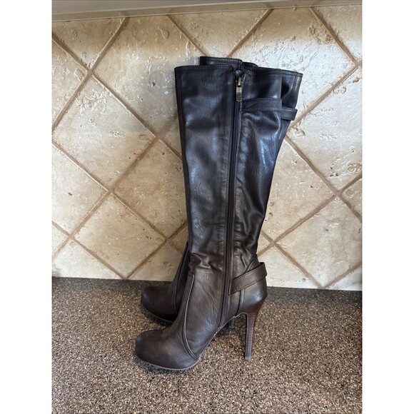 BCBGeneration Womens 5.5 Chocolate Brown Leather Buckle Mid Calf Boots Heels - Picture 1 of 7
